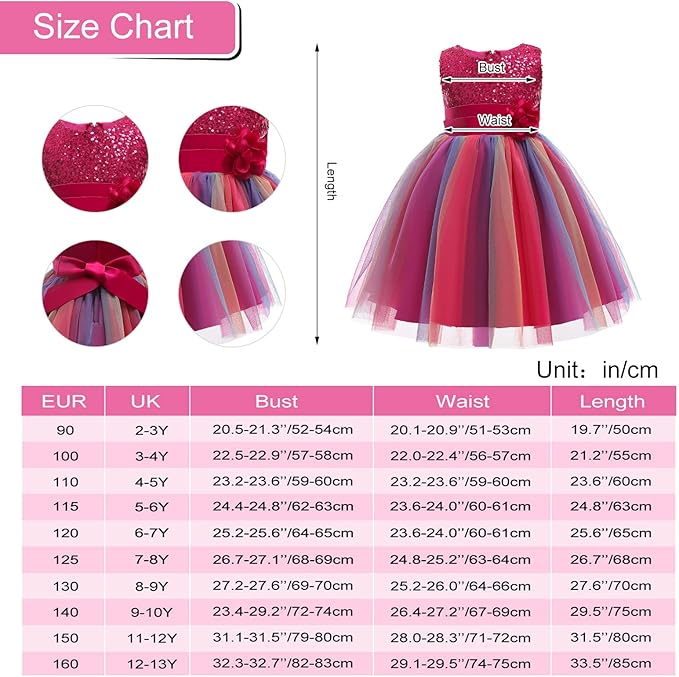 M MUNCASO Girls Princess Dress Sequin Tulle Flower Rainbow Round Collar Sleeveless Formal Dress Birthday Party Wedding Bridesmaid Girl Evening Dresses Toddler Baby Age for 5-6 Years(Rose Red)