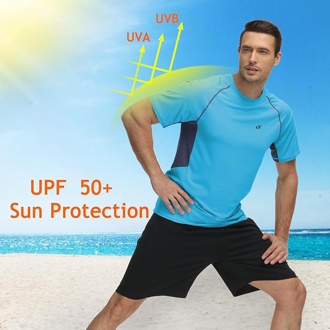 Huayuzh Mens Swimming Shirts Short Sleeve Watersport Rash Guards Rashguard UPF 50+ Quick Drying T-Shirts Surfing Pool Beach Top Blue 3XL