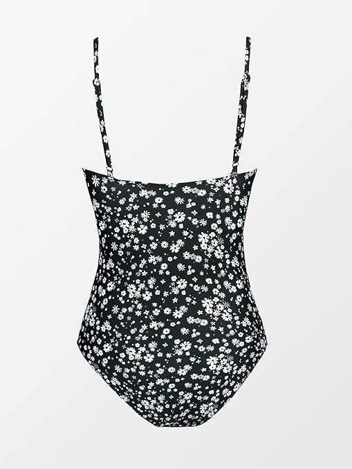 CUPSHE Women Swimsuit One Piece V Neck Tummy Control Ruched Front Low Back Bathing Suit Swimwear Black Floral S
