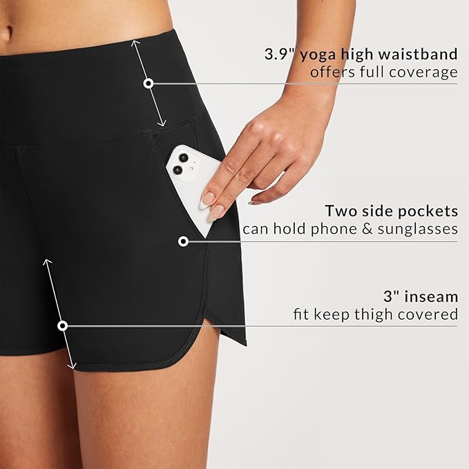 BALEAF Swim Shorts Womens Tummy Control High Waisted Swimming Board Shorts with Pockets Liner Quick Dry 3'' UPF 50+