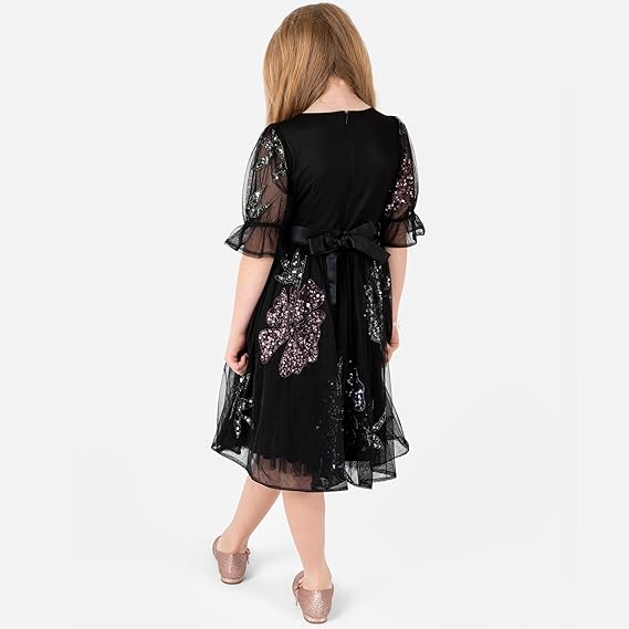 Maya Deluxe Girl's Midi Dress Floral Sequins Embellished Short Sleeve Puff Tulle Tutu Party Bridesmaids Wedding with Belt Bow, Black, 9-10 Years
