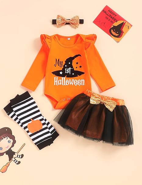 Baby Girl My First Halloween Christmas Clothes Set Romper+Shorts Bow 4PC Newborn Christmas Halloween Outfits