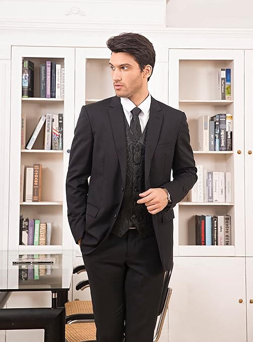 Hisdern Men's Paisley Floral Jacquard Waistcoat&Necktie and Pocket Square Vest Suit Set, Black, 3XL(Chest 54 inch)