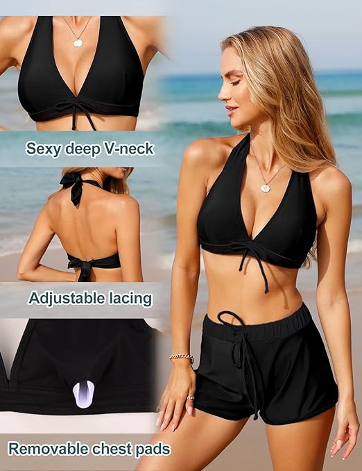 Vancavoo Halter Swimsuit for Women Two Pieces Ladies Bikini Sets Halter Neck Top with Elastic Belt Shorts Plus Size Push Up Padded Swimwear Sports Swimming Costume(A1-Black,XXL)