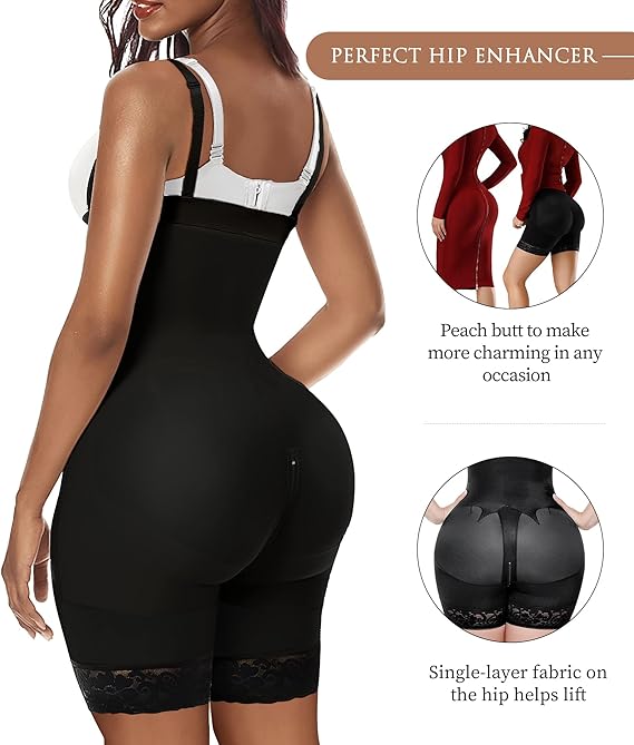 YIANNA Fajas Colombianas High Compression Hooks Shapewear for Women Tummy Control Bodysuit Butt Lifter Body Shaper Zip Crotch Black 7243 S