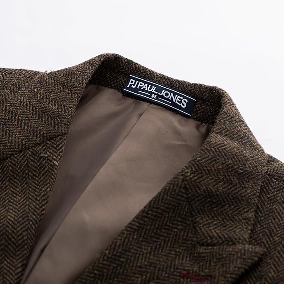 PJ PAUL JONES Men's Vintage Herringbone Tweed Blazers British Wool Blend Sport Coat Jacket, Brown Herringbone, XL