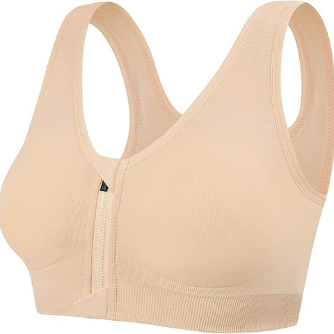Tuopuda Women's Sports Bra Zip Front Comfy Post Surgery Bra High Impact Wireless Sports Running Bra Cross Back Support Bra with Removable Pads Yoga Bra for Workout Fitness, L