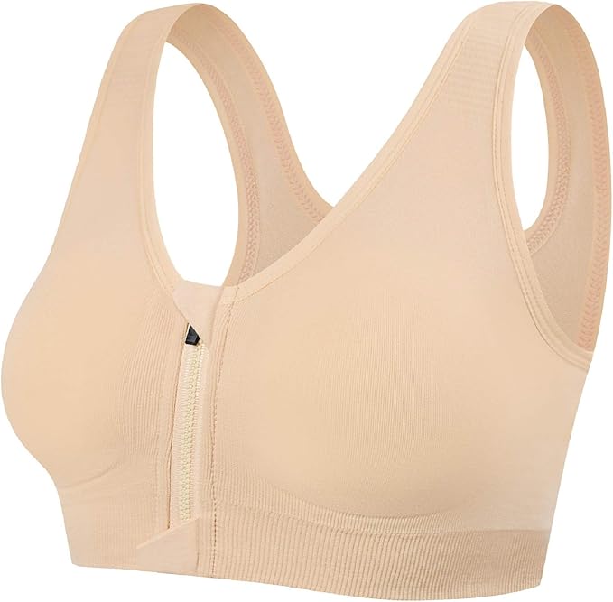 Tuopuda Women's Sports Bra Zip Front Comfy Post Surgery Bra High Impact Wireless Sports Running Bra Cross Back Support Bra with Removable Pads Yoga Bra for Workout Fitness, L