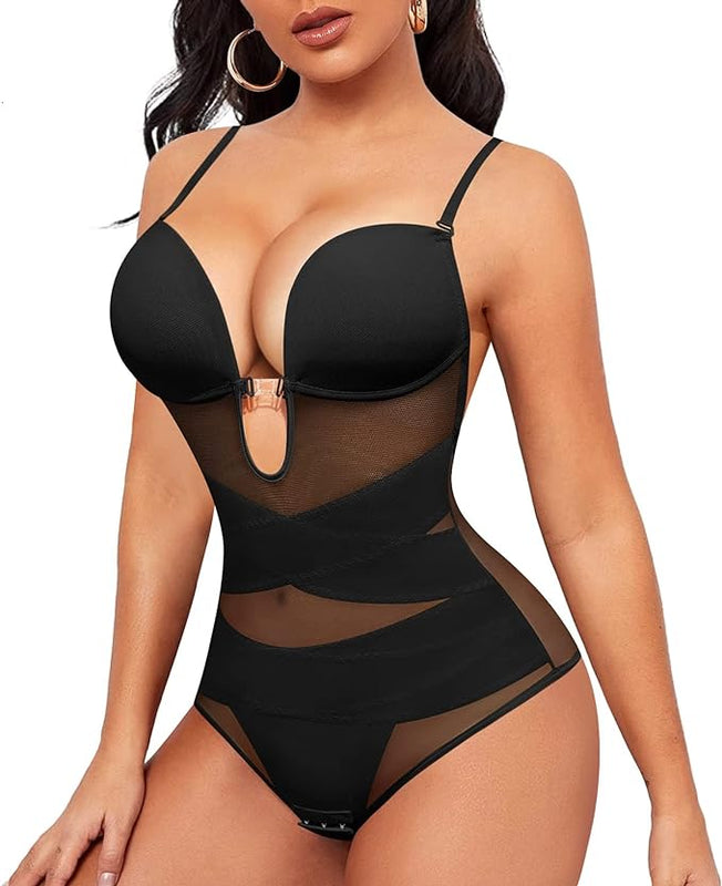 Junlan Bodysuit Shapewear for Women Tummy Control Backless Body Shaper U Plunge Built-in Bra Fajas Waist Trainer Corset (Black,S)