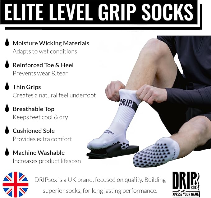DRIPsox® Football Grip Socks Kids, Junior, Women & Men - 1 Pair White Grip Socks Football (L) - Anti Slip DripGrip Design