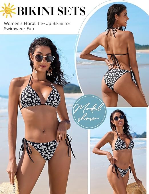 UMIPUBO Women's Bikini Set Sexy Two Piece Swimsuit Triangle Low Waisted Bikini Halter Lace-Up Tie Side Bottom Ladies Swimwear(Black,M)
