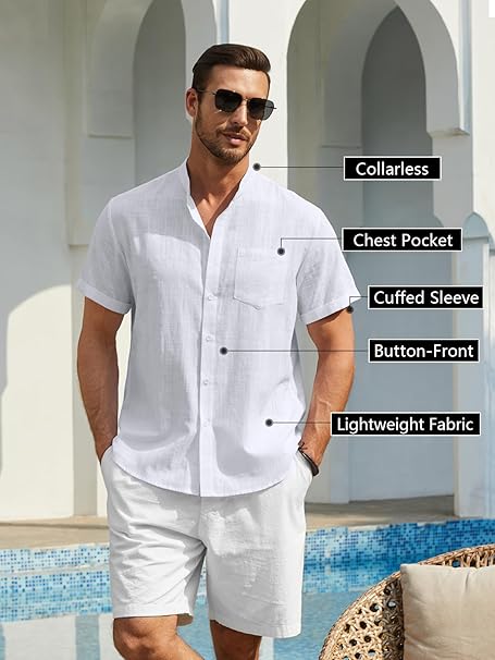 Enlision Mens White Linen Shirts Short Sleeve Grandad Collar Shirt for Men Summer Casual Collarless Henley Top Button Down for Wedding Beach Holiday L