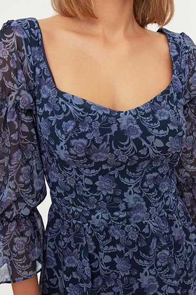 TRENDYOL Women's Flyraded Pattern Casual Dress, Navy/Purple, 6