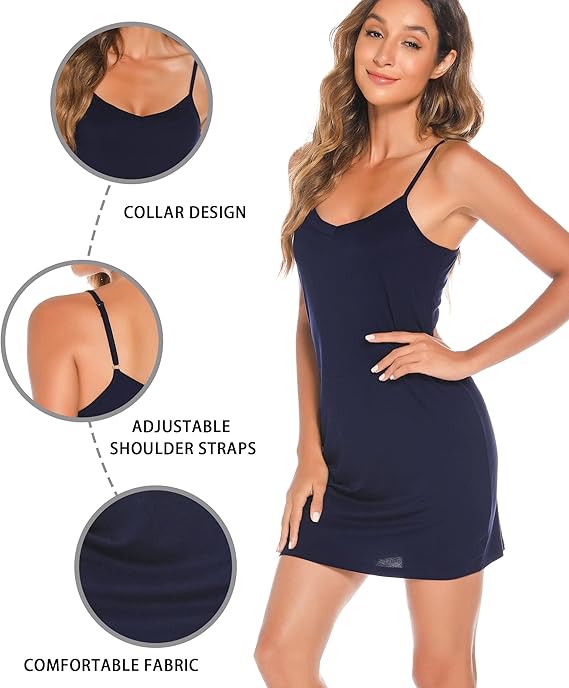 Vlazom Women's Full Slips Soft Slinky Petticoat Spaghetti Straps Ladies Sexy Nightdress Chemises Basic Underskirt Navy Blue,XL