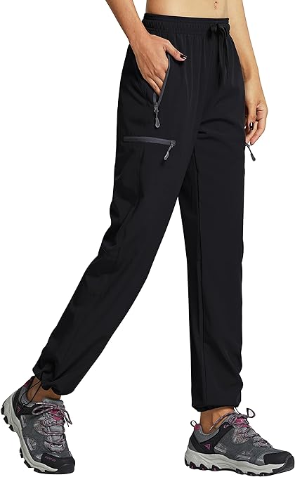 Libin Women's Hiking Trousers Waterproof Quick Dry Walking Pants Outdoor Elastic Waist Camping Travel Safari Rain with Zipper Pockets, Black M