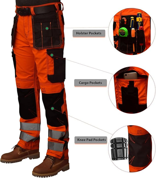 ZS7 Hi Vis Work Trousers Men Durable Polycotton Fabric Multiple Pockets Work Utility & Safety Trousers Reflective Tape High Visibility Work Pants (UK, Waist & Inseam, 38W 34L, Orange)