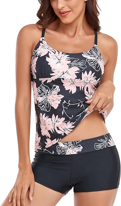 Sixyotie Women’s Swimwear Gradient Color Tankini Set Top with Shorts Low Waist Sporty Swimsuit Bikini (Smalldaisy,2XL)