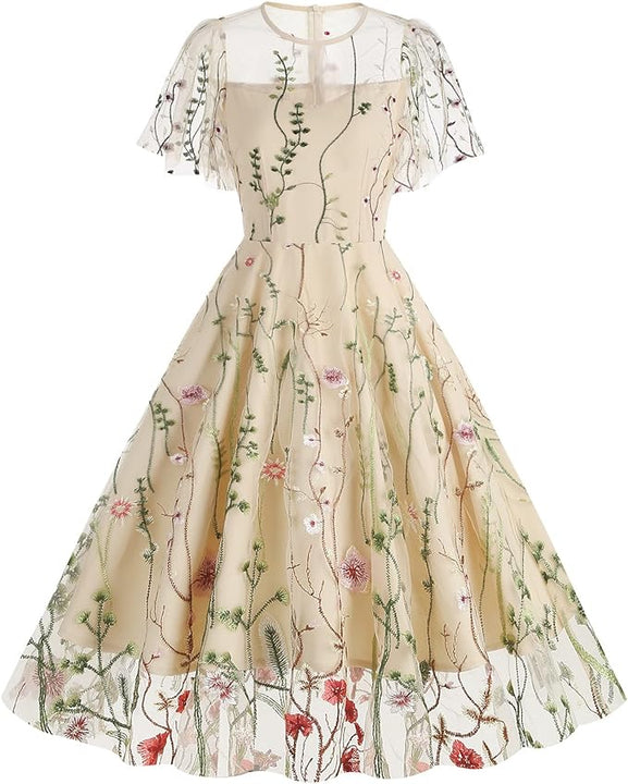 Odizli Cocktail Dress Women's Elegant Vintage Sleeveless Embroidered Knee-Length Dress Festive Wedding Short Evening Dress, Apricot #3, M