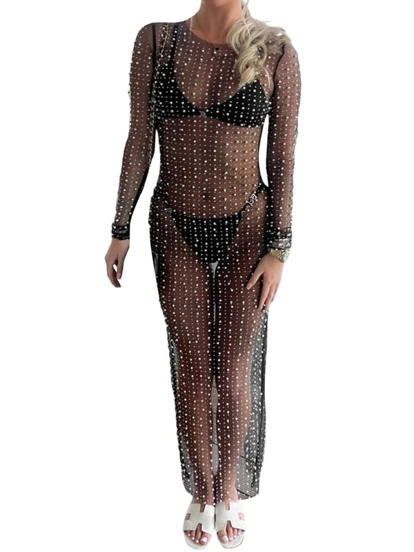 Women's Shimmer Sheer Mesh Cover Up Skirt Sleeveless Square Neck Beach Beach Bikini Slit Mid Length Cover Up (B-Black, M)