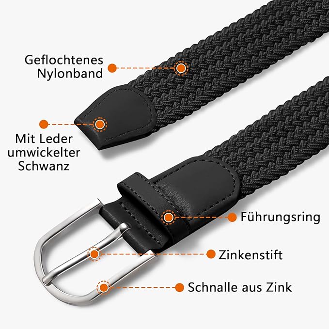 TANGCHAO Mens Belt,Elastic Braided Belt Unisex Men Women Braided Elastic Stretch Woven Belt 33mm(1.25") Multi Colours Black 90