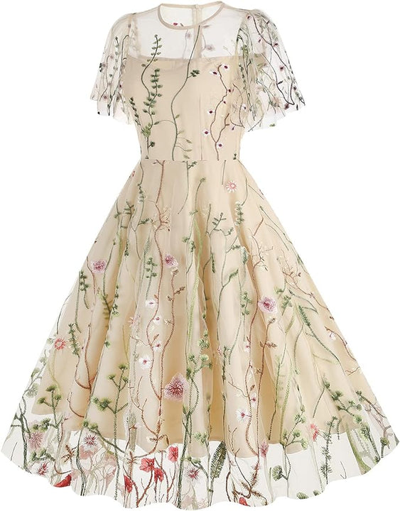 Odizli Cocktail Dress Women's Elegant Vintage Sleeveless Embroidered Knee-Length Dress Festive Wedding Short Evening Dress, Apricot #3, M
