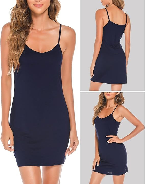 Vlazom Women's Full Slips Soft Slinky Petticoat Spaghetti Straps Ladies Sexy Nightdress Chemises Basic Underskirt Navy Blue,XL