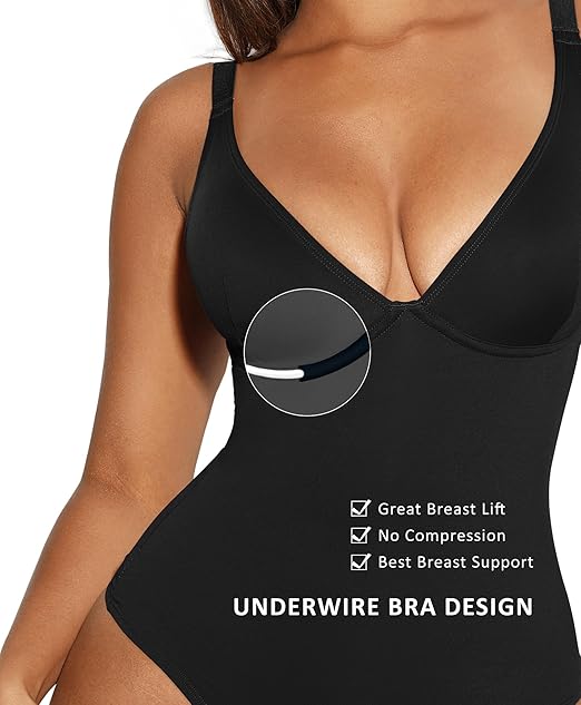 FeelinGirl Shapewear Bodysuits for Women Tummy Control Body Shaper Thong Body Suits Deep V Neck Going Out Tank Tops（Black 3XL）