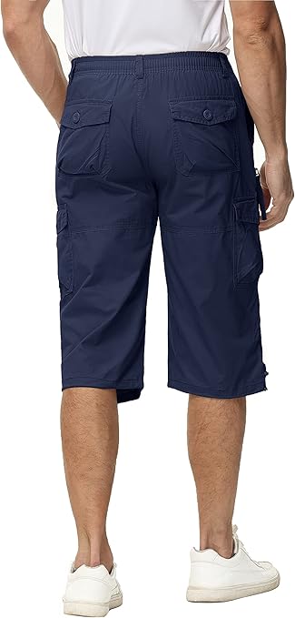 TACVASEN Knee Length Shorts Men Zip Pockets Shorts Military Outdoor Shorts Cargo Shorts Men 3 4 Sports Shorts Long Army Pants Navy Blue, 32-34