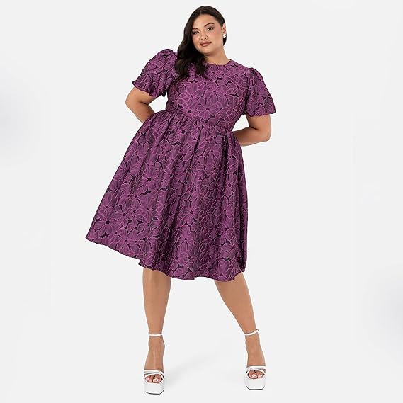 Lovedrobe Womens Ladies Plus Size Dress Curve Skater Midi Back Keyhole Short Sleeves Floral Flowers Crew Neck High Waist A-line Size 16