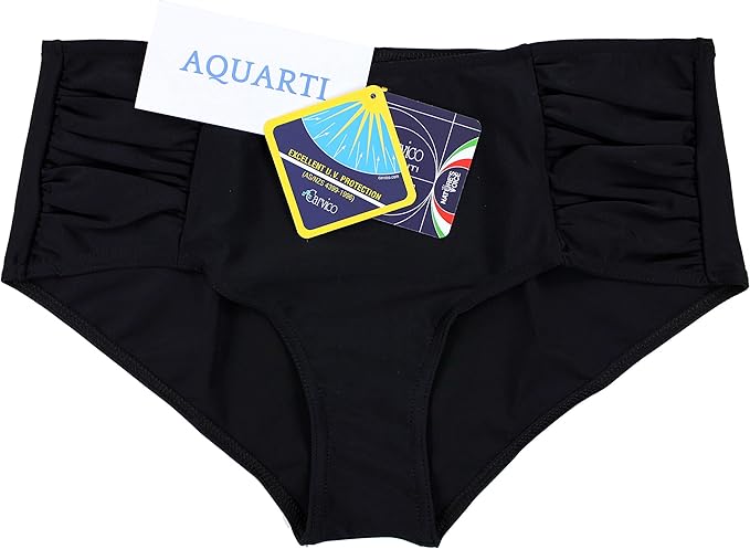 Aquarti Women's Mid Rise Bikini Bottoms with Side Shirring, Black, 10