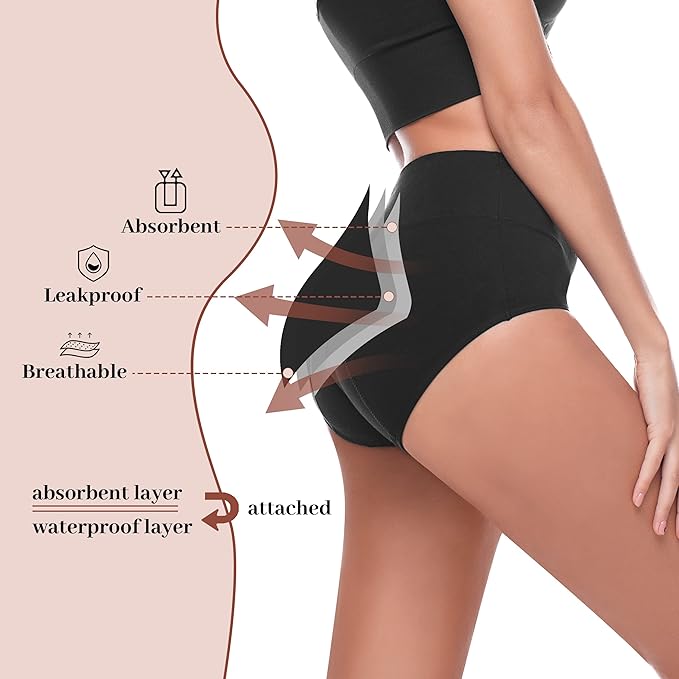 Walifrey Period Pants, Menstrual Underwear for Women, Cotton Knickers Multipack with Leakproof Crotch for Heavy Flow Extra Protection 5pack 3XL Black