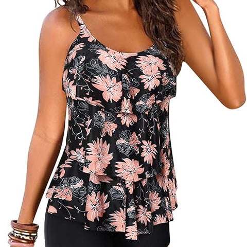 DOULAFASS Women Ruffle Tankini Set with Boyshort 2 Piece Plus Size Swimsuit Swimwear Pink/Black, L
