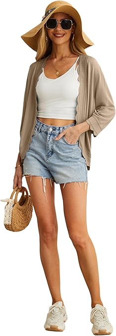 GRECERELLE Womens Summer Cardigan Lightweight Soft Casual Cropped Knit Shrugs Jumper Womens Tops for Dress Summer Evening Wedding (Khaki, M)
