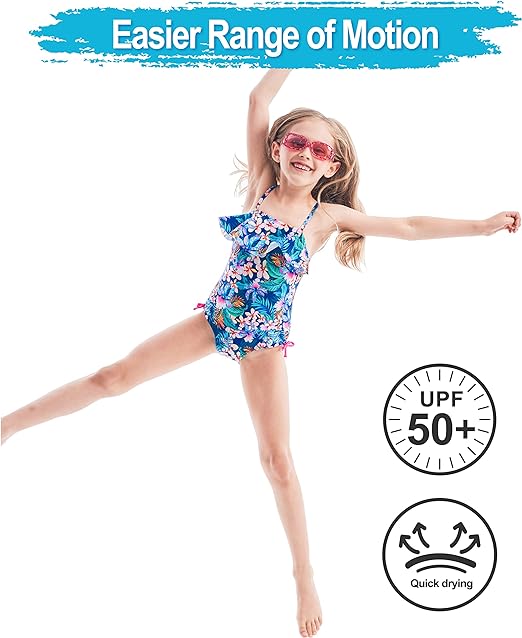 IKALI Girls One Piece Swimwear, Floral Ruffle Tropical Swimsuit, Beach Bathing Suit for Toddler Hawaii, 8-9 Years, Blue