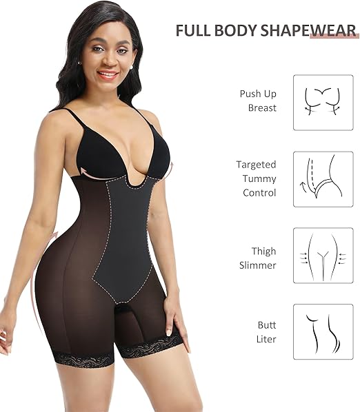 FeelinGirl Shaping Bodysuit for Women Tummy Control Seamless Bodysuit Mesh Built-in Bra Backless Body Shaper with U Plunge, Black, S