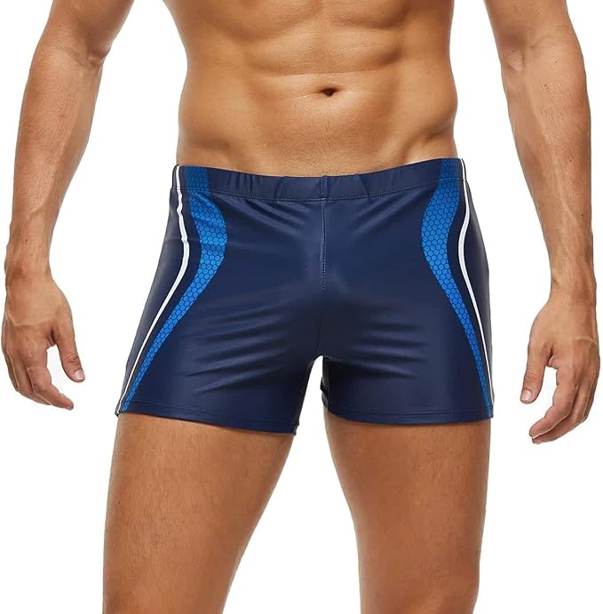 Arcweg Men's Swimming Trunks Shorts Sport Boxer Swimwear Boxers Underwear Drawstring Summer Beach Board Shorts Elastic Swimsuit Bottom Blue Stripe M(UK)