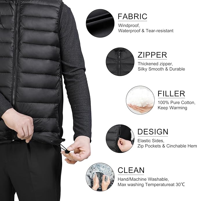 Loowoko Heated Gilet for Men,Heated Vest with 10000mAh Battery Pack,Lightweight Thermal Body Warmer, Slim Fit Electric Rechargeable Heated Jacket for Camping, Motorcycle, Skiing, Hunting L Black