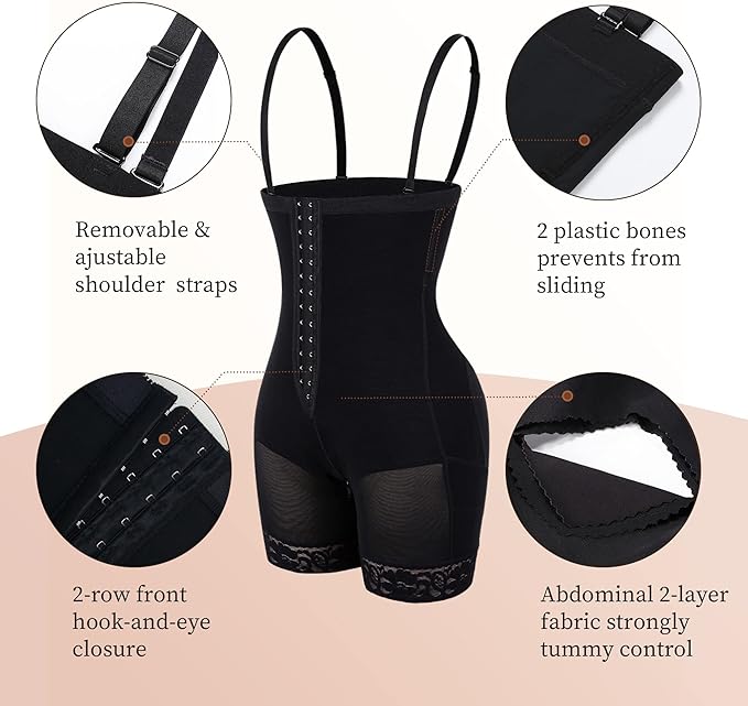 YIANNA Fajas Colombianas High Compression Hooks Shapewear for Women Tummy Control Bodysuit Butt Lifter Body Shaper Zip Crotch Black 7243 S