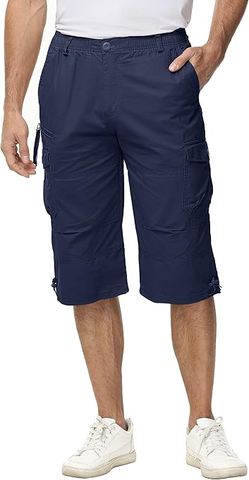 TACVASEN Knee Length Shorts Men Zip Pockets Shorts Military Outdoor Shorts Cargo Shorts Men 3 4 Sports Shorts Long Army Pants Navy Blue, 32-34