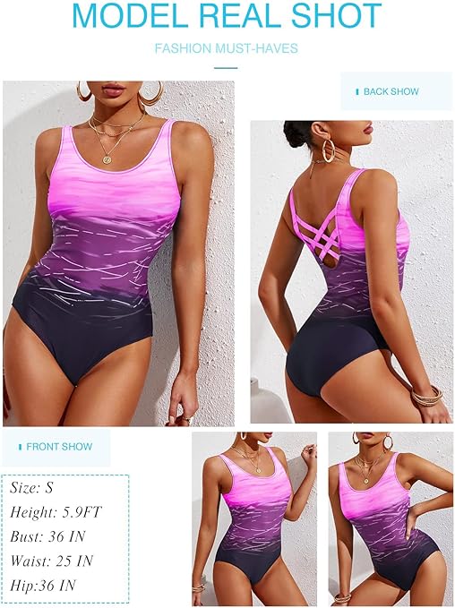 Aleumdr Ladies Sleeveless Gradient Colorblock Print Soft Cup Padded Plus Size Swimming Suits One Piece Swimwear for Women Purple Large