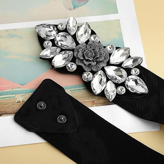 Amaxiu Elastic Rhinestone Wide Waist Belt, Stretchy Crystal Thick Belts Vintage Flower Waistband Waist Accessories for Women Dress
