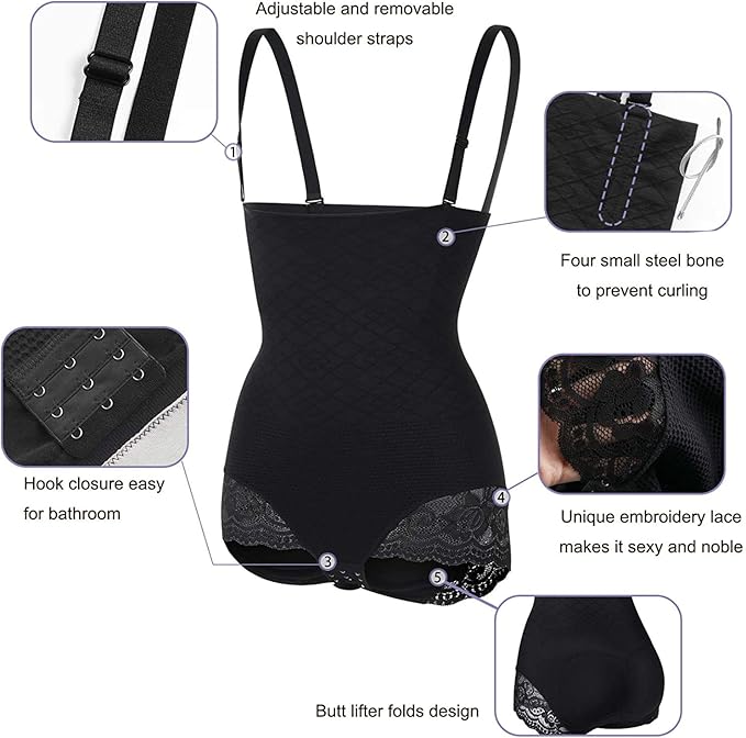 Gotoly Women Seamless Bodysuit Thong Butt Lifter Shapewear High Waist Trainer Panty Tummy Firm Control Body Shaper with Removable Straps (Black, X-Large - XX-Large)