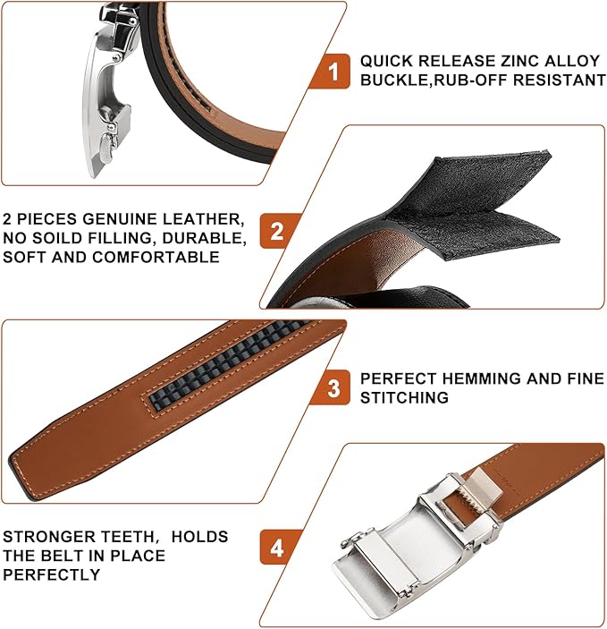 AivaToba Men’s Leather Belt, Automatic Buckle Ratchet Belt, Dress Belt Adjustable Slide Belt For Mens Dress Casual Pant, width 35mm.