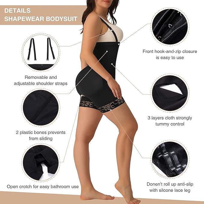 FeelinGirl Shapewear Tummy Control Body Shaper for Women Fajas Full Body Shaper with Zipper Plus size, Black, 5XL