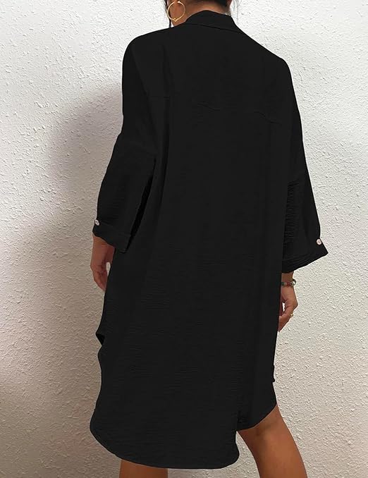 Bsubseach Swimsuit Coverups for Women Button Down Beach Shirt Dress Bathing Suit Cover Up Resort Wear Black L