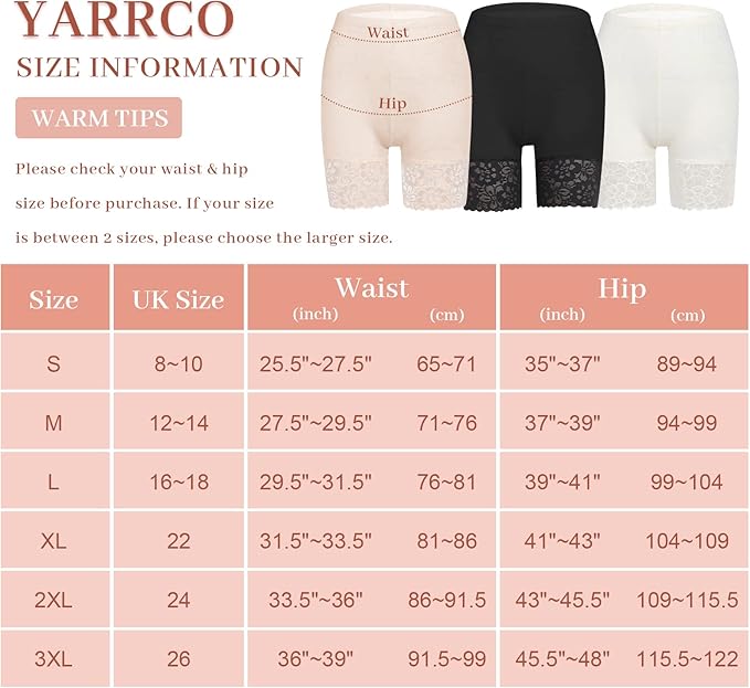 YARRCO Lace Anti Chafing Shorts for Women Chub Rub Shorts Seamless Slip Shorts for Under Dresses Boyshorts Safety Shorts Underwear (White (Long),XXL)