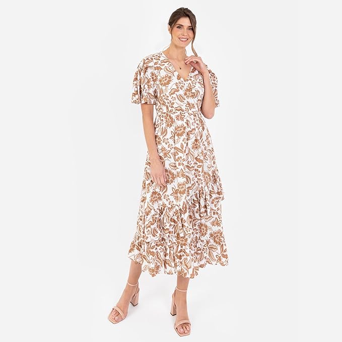 Lovedrobe Women's Ladies Midaxi Dress V-Neck Short Sleeve Faux-wrap Tiered Ruffle Floral Print Elasticated Waistband A-line Casual Brown 26