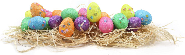 Easter Decoration - 24x Decorated Easter Glitter Eggs and Grass - 3cm X 4cm - For Easter Basket Decoration, Easter Egg Hunt, Party Decoration