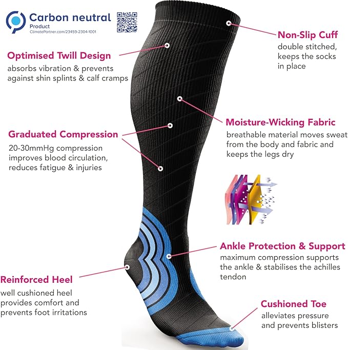 aZengear Compression Socks (20-30mmHg) Anti DVT Air Flying Knee-High Flight Travel Stockings, Swollen Legs, Varicose Veins, Running, Shin Splints Calf Pressure Support, Sports