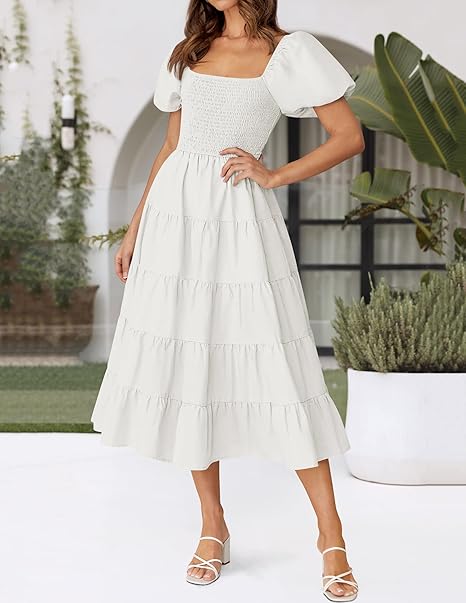 ZESICA Women's Summer Square Neck Short Puff Sleeve Solid Color High Waist Casual Smocked Flowy A Line Tiered Midi Dress, White, M